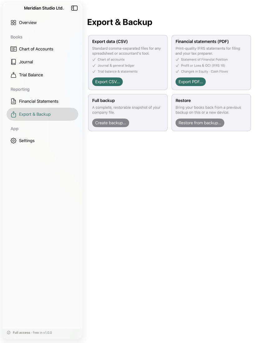Export and backup screen offering CSV, PDF and full backup