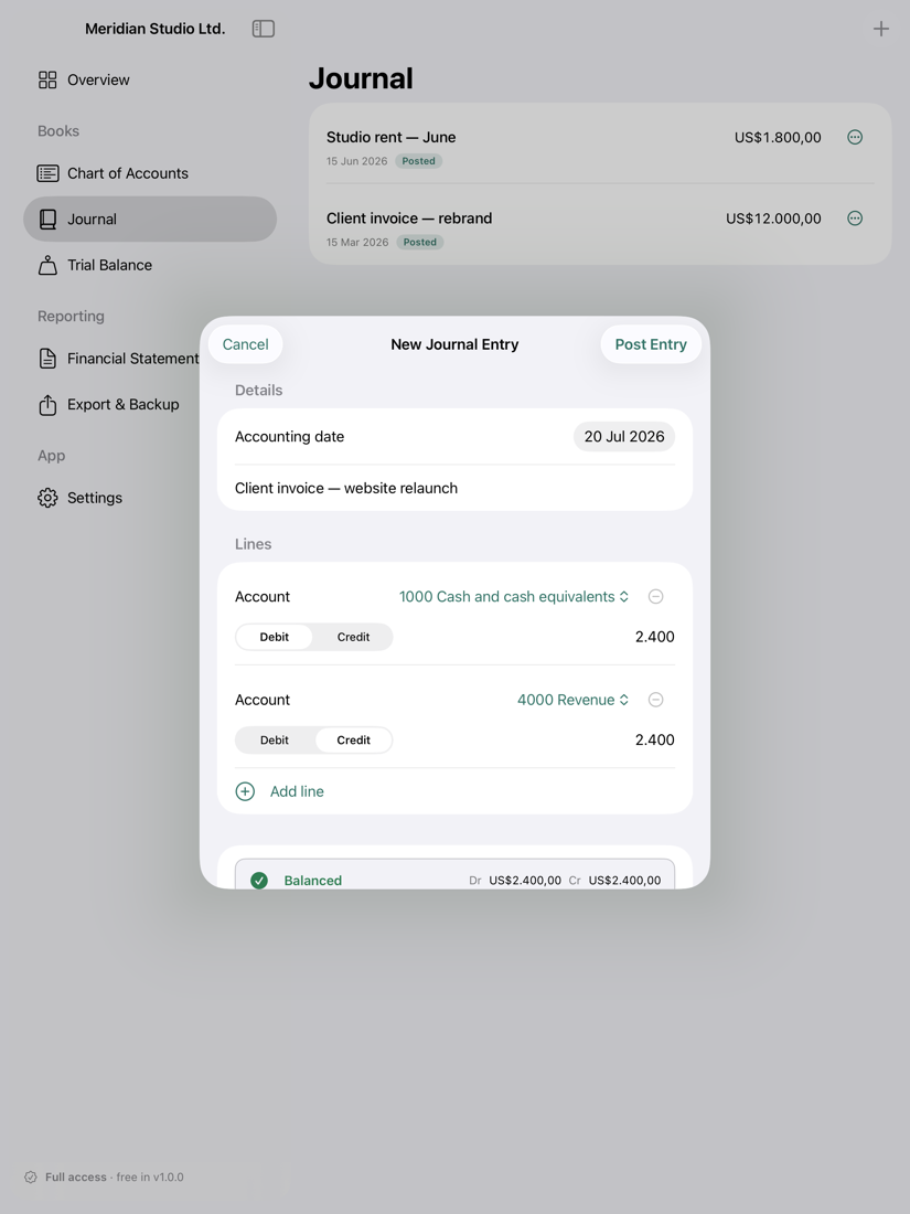 New journal entry sheet with a live balanced debit and credit indicator