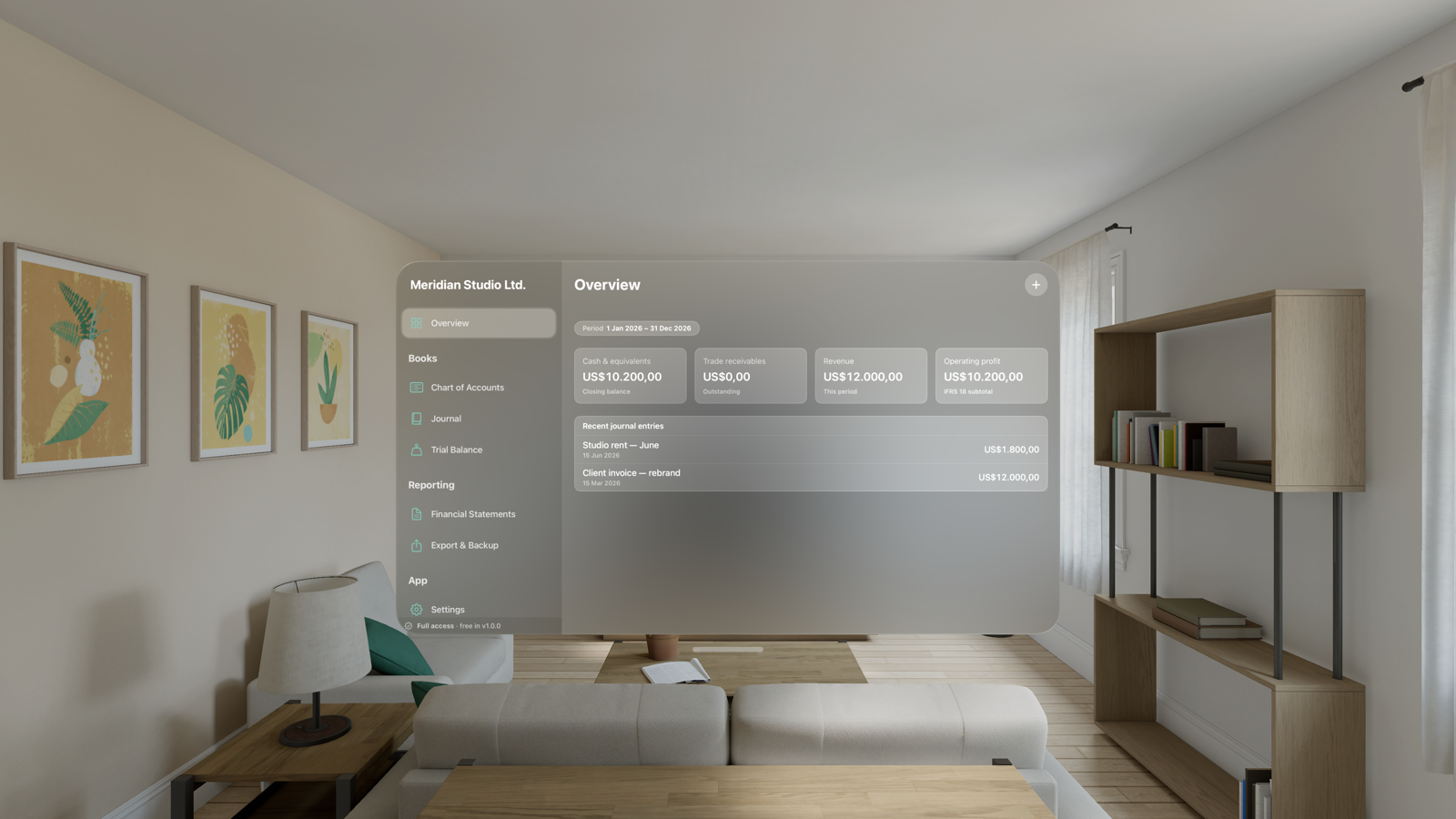 Akunting running as a glass window in visionOS, showing the overview dashboard